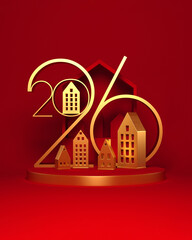 2026 New Year illustration with abstract golden houses. 3D render.
