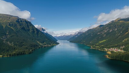 Obraz premium Aerial view of a natural fjord captured by drone, showcasing seasonal change