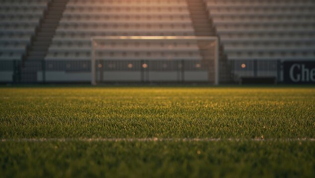 Evening illuminated textured soccer pitch at midfield