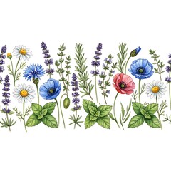 Watercolor Floral Border with Lavender, Poppies, and Mint.