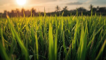 Obraz premium Closeup of rice field with vibrant greenery and natural setting, highlighting agricultural productivity