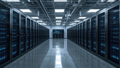 A contemporary data center filled with computers, emphasizing efficiency