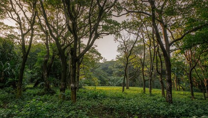 Fototapeta premium Lush green forest landscape in Semarang, showcasing seasonal change