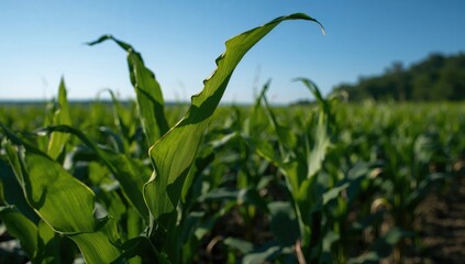 Obraz premium Unripe corn leaves in a field, seasonal change