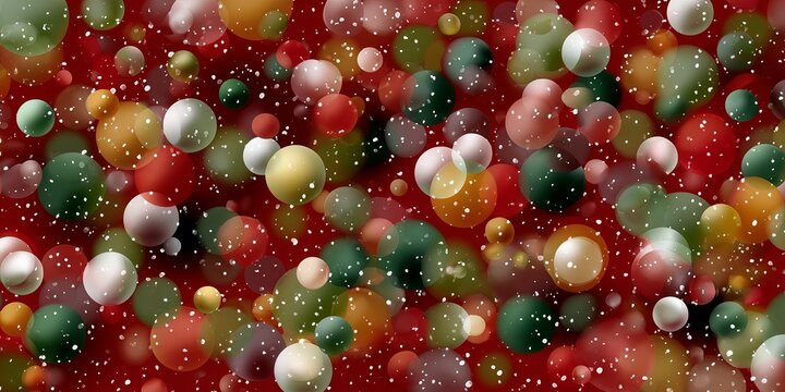 Colorful abstract illustration featuring vibrant spheres in red, green, and white, creating a festive atmosphere with a soft snowfall effect, perfect for holiday-themed designs and backgrounds