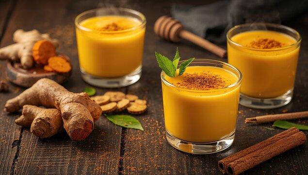Turmeric milk drink preparation area featuring fresh turmeric roots, spices, and honey, beneficial ingredients for winter warmth