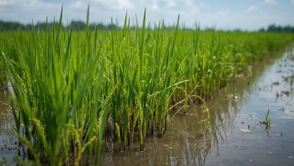 Obraz premium Close-up image of young rice plants in a flooded paddy, highlighting growth potential, Earth Day