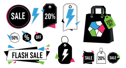Modern vector collection of dynamic sale tags, discount labels, and flash deal badges, ideal for eye-catching marketing promotions and highlighting special offers