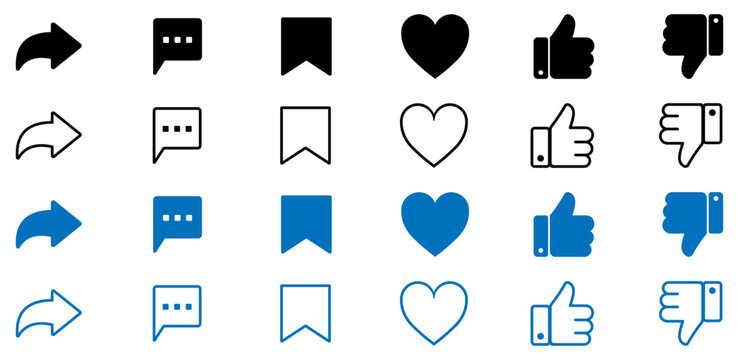social media interface icon set with like comment share save and message symbols. Social media icons set like comment share thumb heart save vector illustration. vector icons.