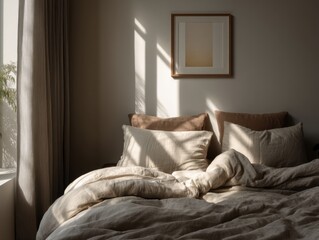 A bed with a white comforter and brown pillows. A framed picture is on the wall