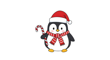 Festive penguin with candy cane and santa hat on transparent background