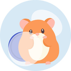 Cute orange hamster with pink cheeks and dark eyes inside a light blue circle graphic with soft blue swirls and a blurred wheel element.