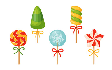 Set of five Christmas lollipops. swirl, Christmas tree, snowflake, twisted stick, and star, each with ribbon. Colorful flat vector illustration. For seasonal treats, invitations, stickers and decor