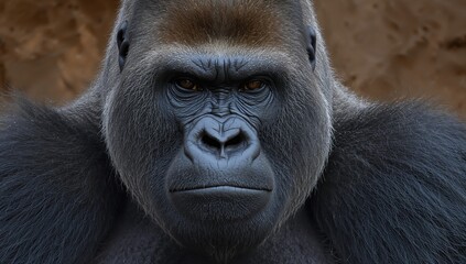 Obraz premium Grumpy gorilla staring directly at the viewer, evoking a sense of pressure