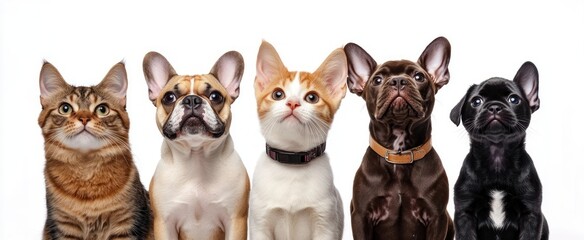 Group of two tabby and white cats and three French bulldog puppies sitting in a row looking attentively forward on a white background