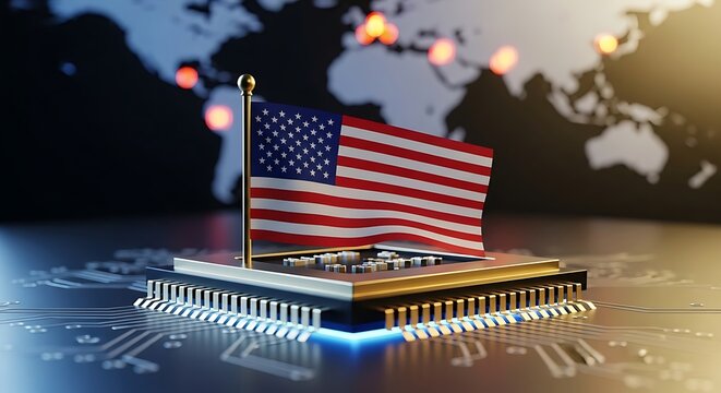 US Semiconductor Industry - American Flag on Microchip with World Map Backdrop.