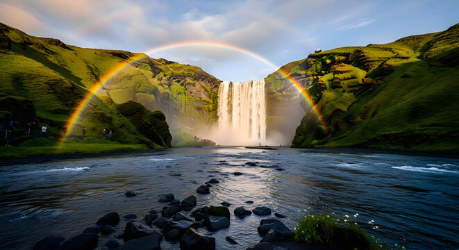 Majestic waterfall with a double rainbow in iceland