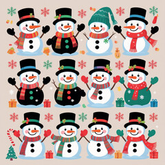 set of Cheerful Snowman Family Winter Wonderland Illustration
