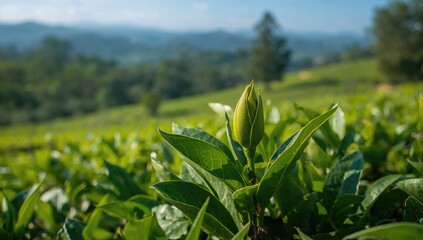 Fototapeta premium Green tea buds and fresh leaves, fiber-dense choice