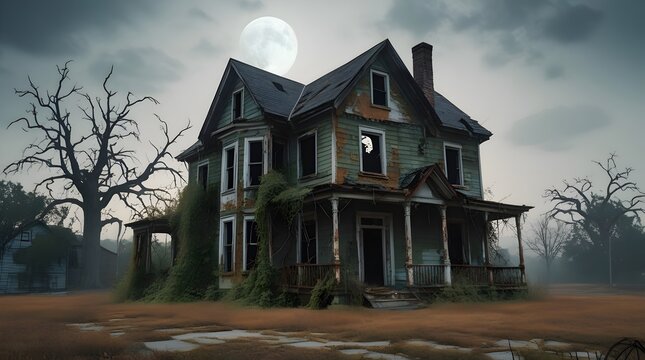 A dilapidated haunted house stands tall with a worn-down and abandoned old home exterior, evoking a creepy and spooky atmosphere, with overgrown weeds and vines crawling up the walls, shattered window