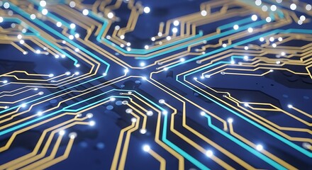 Abstract Circuit Board Design with Glowing Connections and Data Flow.