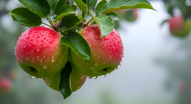 Raindrops on ripe red and green apples hanging on a tree branch