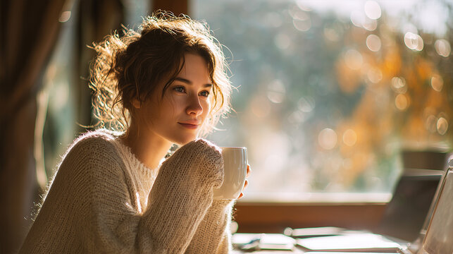 Woman with laptop and coffee mug by the window - ai generative - Powered by Adobe