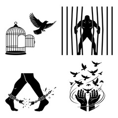 Fototapeta premium Four black and white freedom themed illustrations