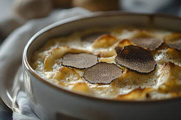Gourmet Potato Gratin with Slices of Black Truffle in Baking Dish