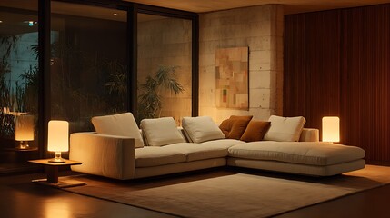 Modern luxury living room with beautifull sofa and couch with glass window and flower pot and unique wall curtains 