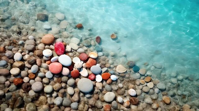 Aerial view of pebbles and water at beach shoreline.