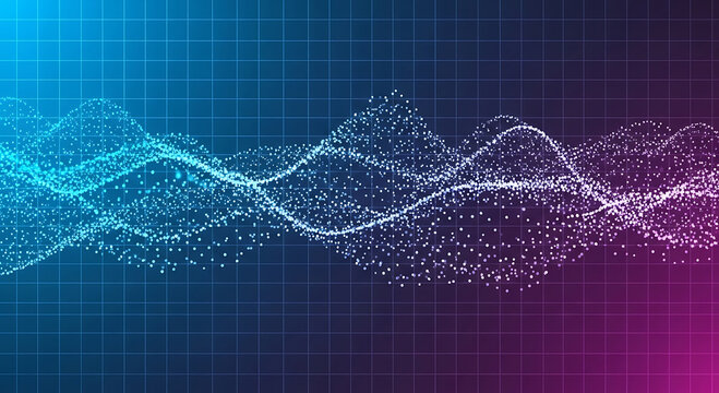 Blue and purple gradient grid with flowing white particle wave abstract background