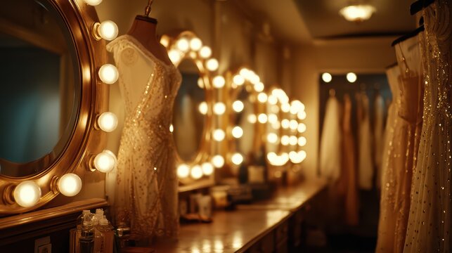 Elegant Dressing Room with Glamorous Vanity Mirrors and Dresses