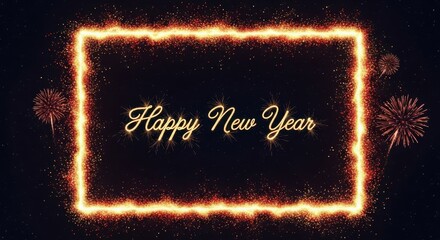 Happy new year glowing frame with fireworks and confetti on a dark background, celebrating the start of a new year with festive elements