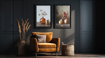 Cozy living room interior with mustard armchair, decorative vase, and framed still life paintings on the dark wall
