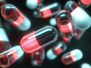 Colorful capsules floating against a dark background create a visually striking scene, showcasing the variety and design in modern pharmaceuticals