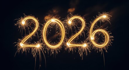 Sparkling 2026 numerals created with sparklers against a dark background, symbolizing the new year and celebration