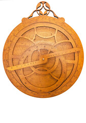 Antique wooden astronomical clock on white background.