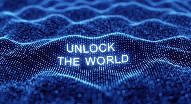 A glowing blue digital wave of light particles forms an abstract landscape, with the text unlock the world illuminated, symbolizing global connection and opportunity - Powered by Adobe