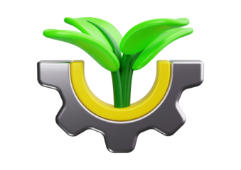 Green sprout growing from gear isolated on transparent background