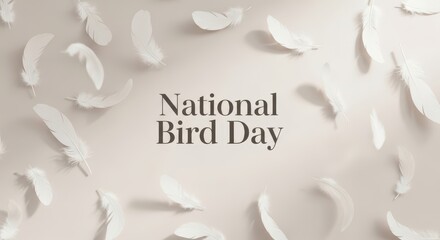 National bird day text surrounded by delicate white feathers floating on a soft, neutral background, celebrating avian life