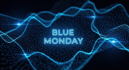 Blue monday text glowing within a vibrant, abstract blue wave pattern of digital particles and light streaks, conveying emotion