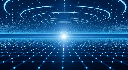 Blue digital grid with concentric circles and bright light abstract background