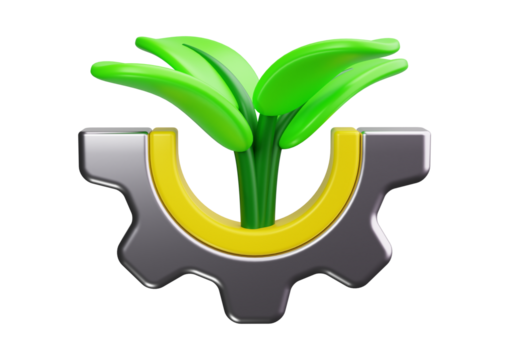 Green sprout growing from gear isolated on transparent background