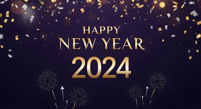 Happy new year 2024 celebration with fireworks and confetti on dark background