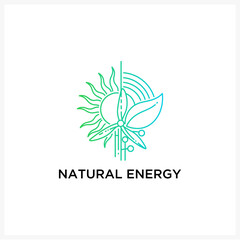 Green energy logo concept with sun, wind turbine, and leaf. Renewable power source symbol in a minimalist line art vector illustration