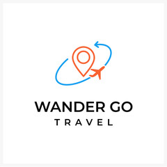 Wander Go Travel Logo Design Featuring Pinpoint, Airplane, and Circular Journey Element