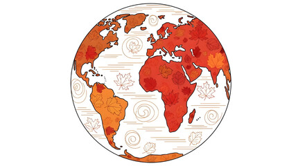 Global Autumn Fall Season concept illustration with colorful leaves on Earth map.