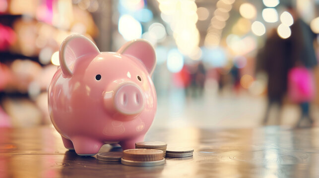 Pink piggy bank placed on a surface surrounded by coins, with a blurred background of a vibrant shopping environment, symbolizing savings and financial planning. Black Friday promotions concept