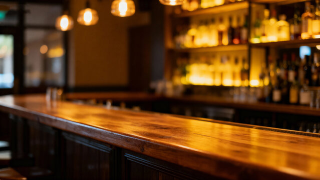 Wooden bar counter with shelves of bottles